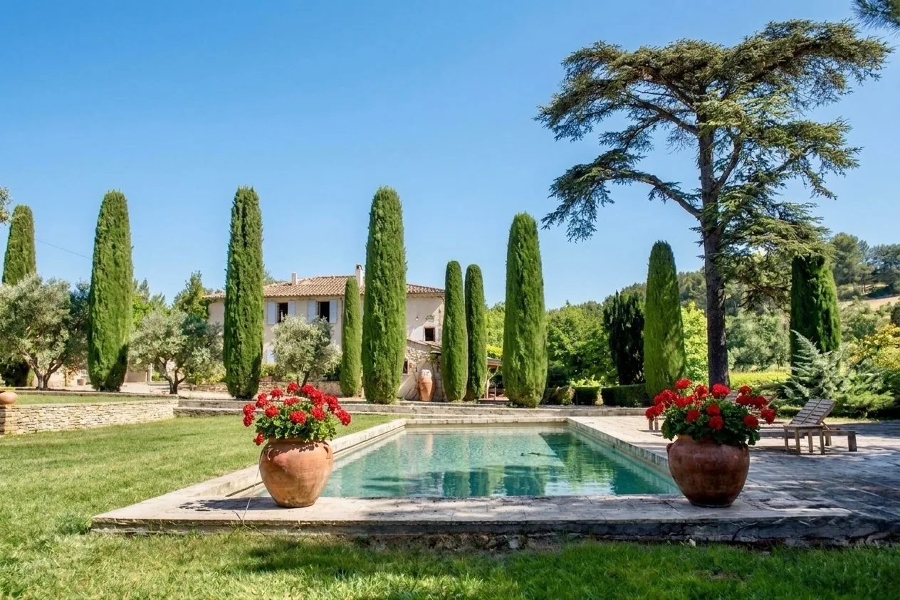 La Bastide 1820 et sa piscine bordée de cyprès
