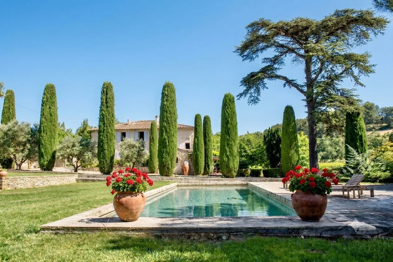 Piscine avec vue sur la Bastide et les cyprès